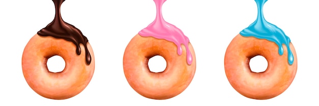Süße donuts mit drei verschiedenen geschmacksrichtungen, 3d-illustration