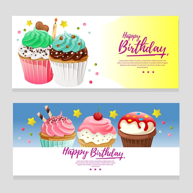 Süße geburtstag thema banner mit muffin spaß kuchen