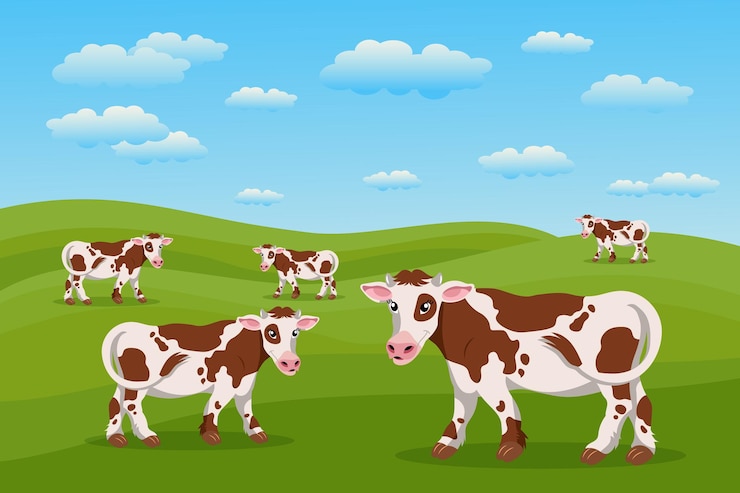 Vektor süße gefleckte kühe sommerlandschaft eine herde kühe weidet auf der wiese plakatbanner