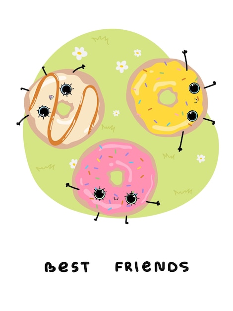 Süße glasierte Donuts beste Freunde auf einem Sommerspaziergang Text Postkartenplakathintergrund