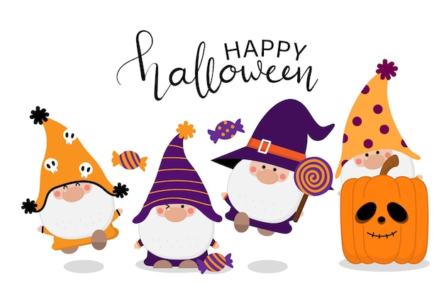 Süße gnome in halloween-kostüm-süßigkeitskatze und nahtlosem muster des orange kürbises