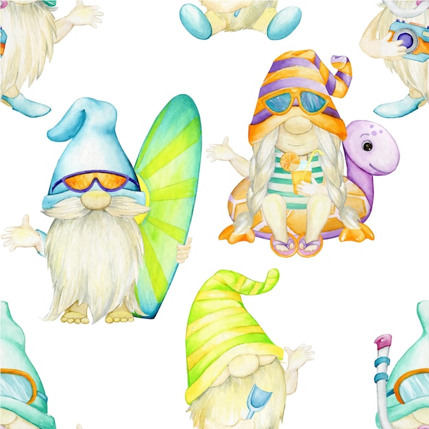Süße Gnome verschiedener Geschlechter auf isoliertem Hintergrund Aquarell nahtloses Sommermuster im Cartoon-Stil
