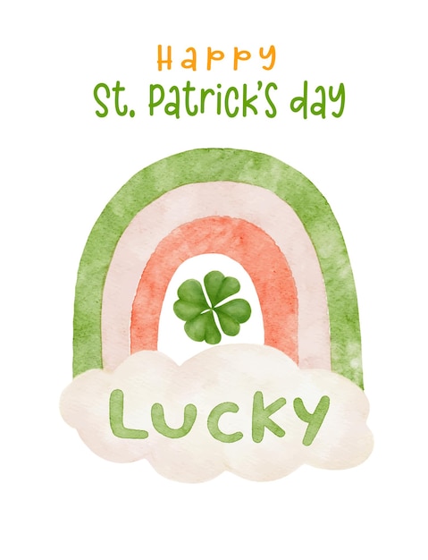 Süße happy st. patrick's day grußkarte glücklicher regenbogen mit vierblättriger kleeblatt-zeichentrickfigur aquarell-handmalerei