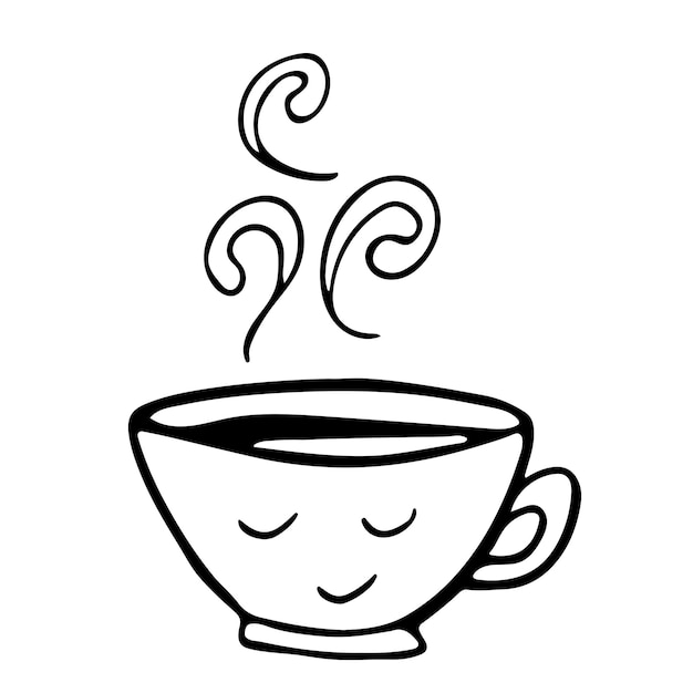 Süße heiße Tee- oder Kaffeetasse mit Lächeln Gesicht Vektor Doodle handgezeichnete Linie Illustration Doodle-Stil