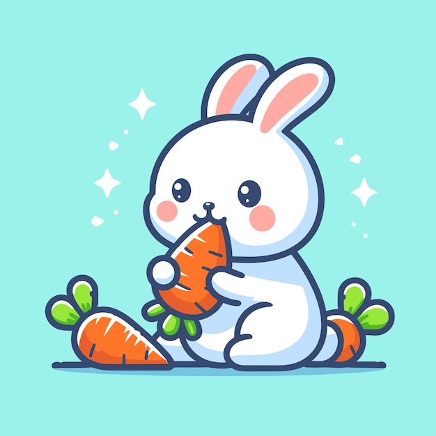 Vektor süße kaninchenbiss-karotten-pose-cartoon-flache illustration