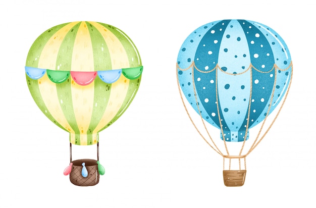 Süße Karikatur bunte Heißluftballons, die auf einem weißen Hintergrund eingestellt werden