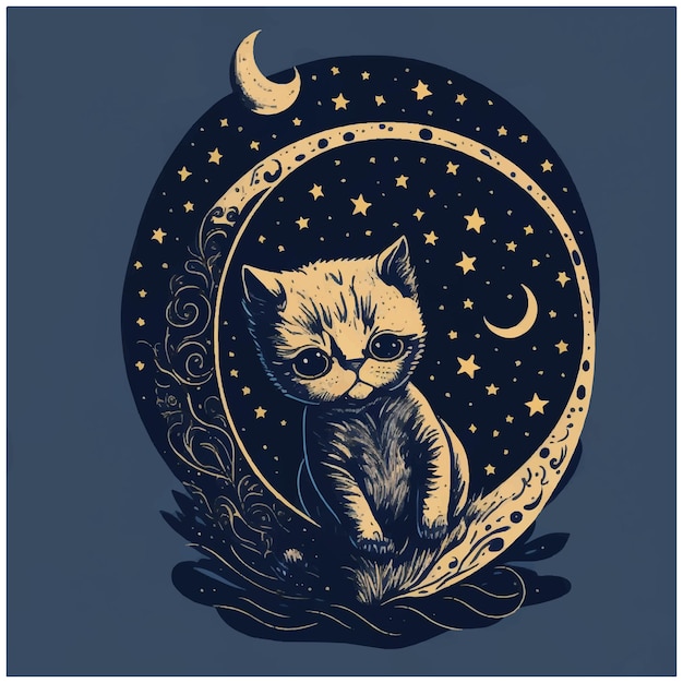 Vektor süße katze auf dem mond gute nacht und süße träume vektor-illustration