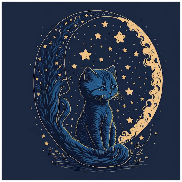 Vektor süße katze auf dem mond gute nacht und süße träume vektor-illustration