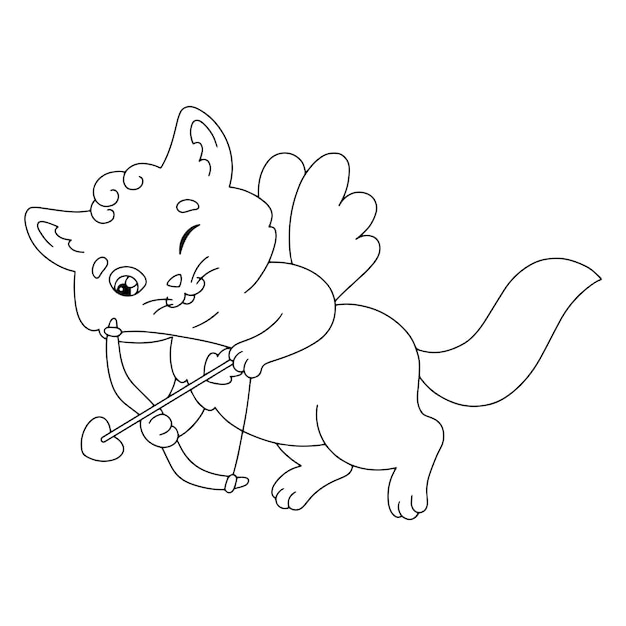 Süße Katze Bogenschütze Malbuchseite für Kinder Cartoon-Stil Charakter Vektor-Illustration isoliert auf weißem Hintergrund Valentinstag
