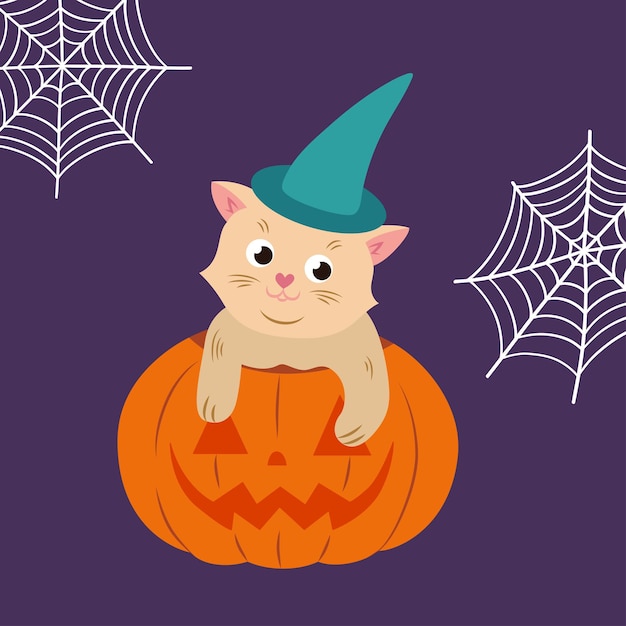 Süße katze in einem hexenhut, der auf einer halloween-kürbis-vektorillustration sitzt