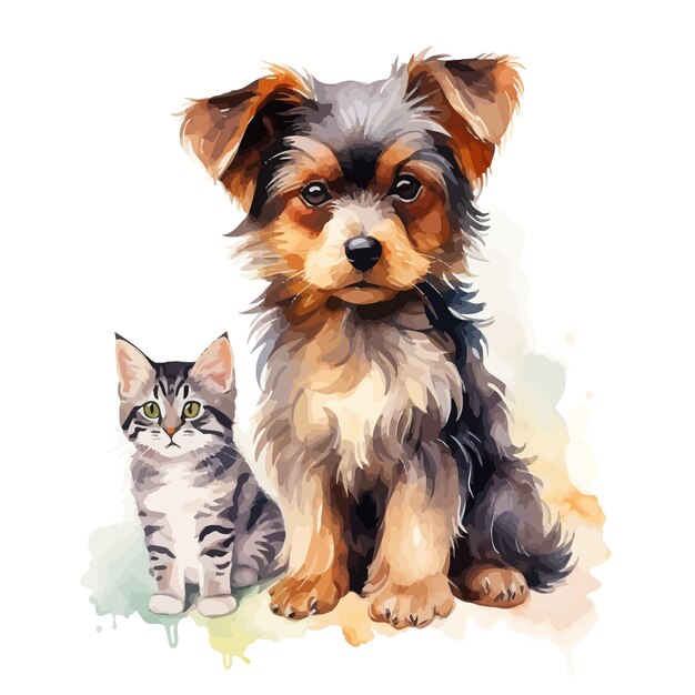 Vektor süße katze und hund aquarell clipart