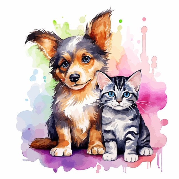 Vektor süße katze und hund aquarell clipart