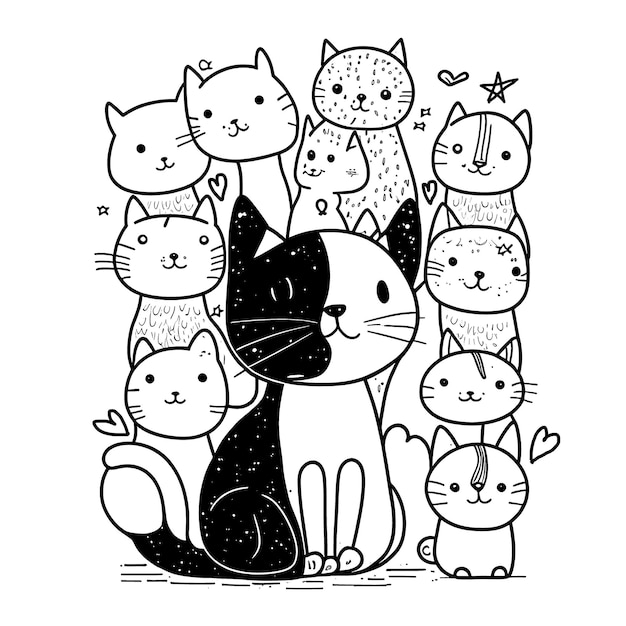Süße Katzen Schwarz-Weiß-Malvorlagen für Kinder, einfache Linien, Cartoon-Stil, fröhlich, süß, lustig