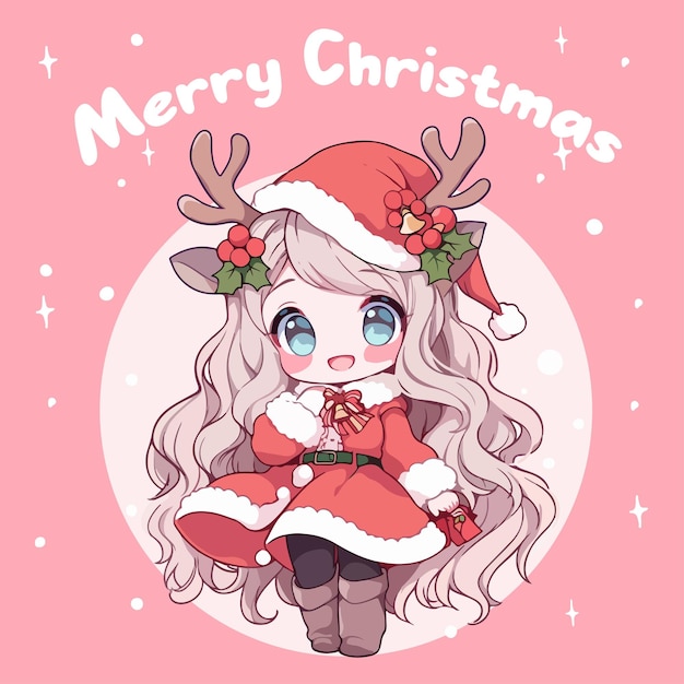 Süße kawaii anime santa girl frohe weihnachten cartoon illustration zeichnung vektor