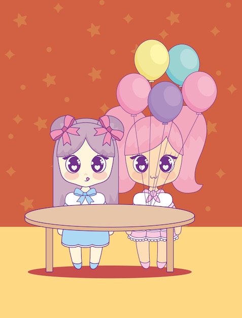 Süße kawaii mädchen mit helium charakter ballons