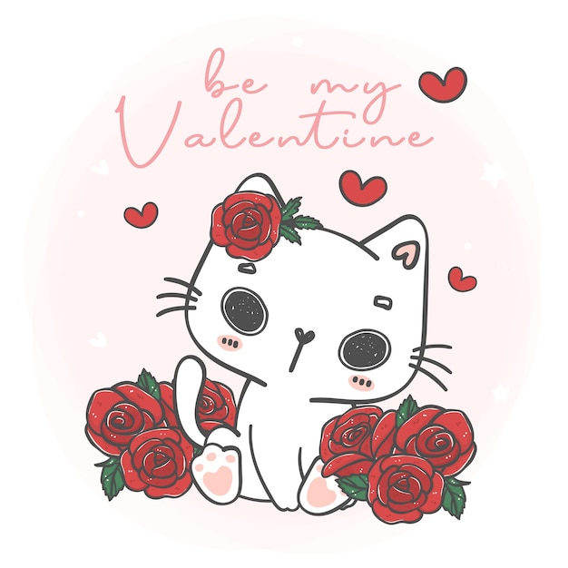 Süße kawaii weiße Katze mit Rosenblumen ist mein Valentine-Haustier-Zeichentrickfigur-Handzeichnungs-Illustrationsvektor