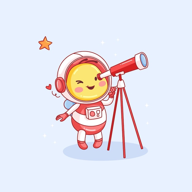 Süße kleine biene im astronautenanzug, die die sterne mit einem handgezeichneten teleskop betrachtet