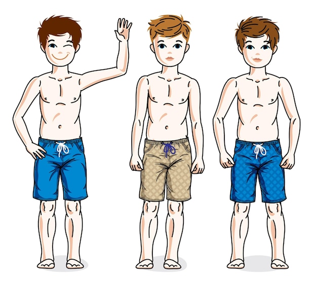 Vektor süße kleine jungen, die in strandshorts stehen. vektorkinderillustrationen eingestellt. cartoons für den lebensstil der kindheit und familie.