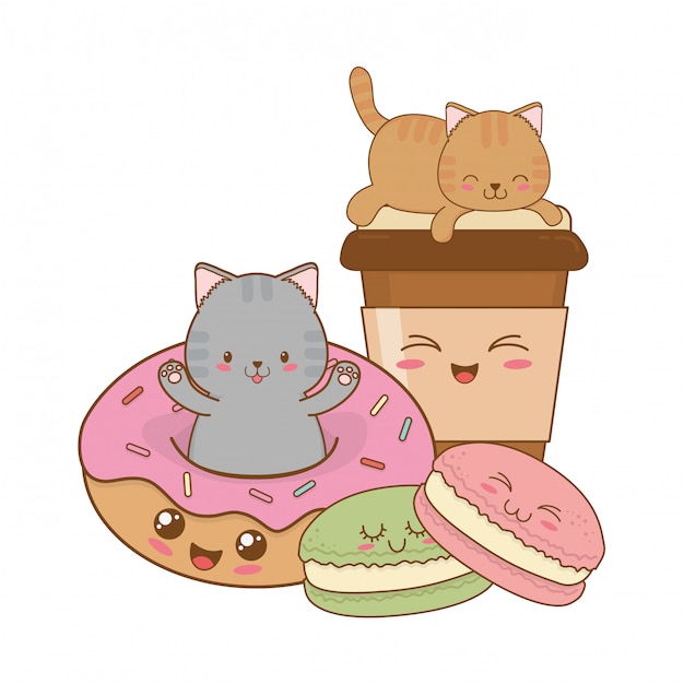 Vektor süße kleine katzen mit donuts kawaii zeichen