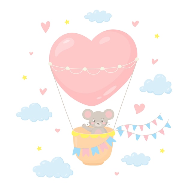 Süße kleine maus, die in einem herzförmigen heißluftballon im cartoon-stil fliegt