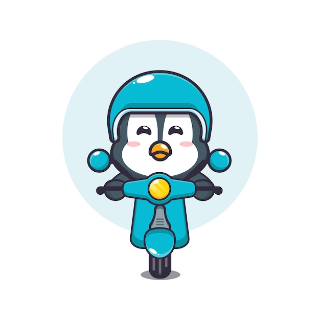 Süße pinguin-maskottchen-zeichentrickfigur fährt auf roller