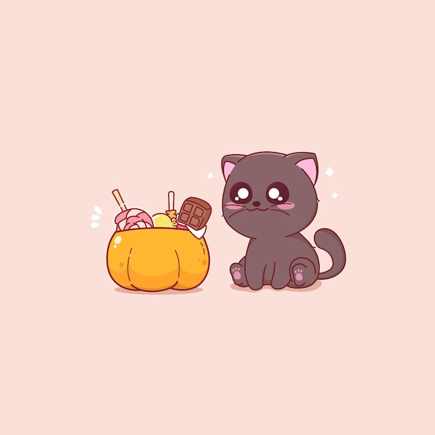 Süße schwarze katze und kürbis süßigkeiten eimer halloween spezielle vektor-illustration