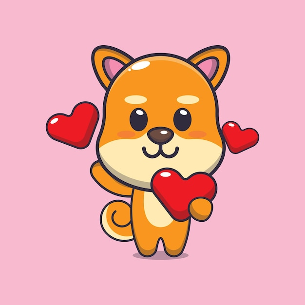 Süße shiba inu hundemaskottchen zeichentrickfigur illustration am valentinstag