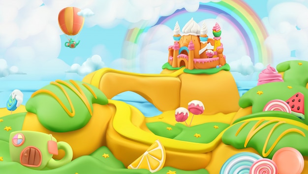 Süße Süßigkeiten Landschaft, Vektor Plastilin Kunst Illustration
