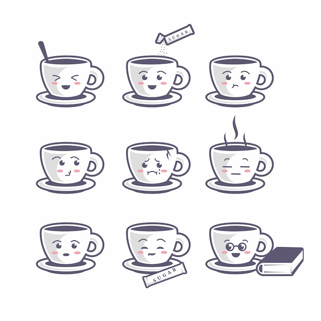 süße Tasse Kaffee Icon Set, flache Cartoon-Stil