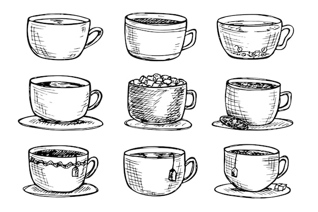 Süße tasse tee und kaffee illustration einfache tasse cliparts gemütliches heim-doodle-set