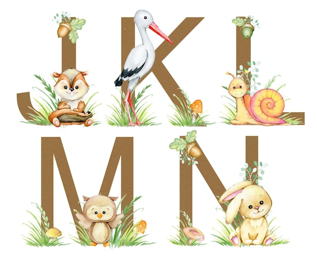 Süße tiere chipmunk storch schnecke eule hase buchstaben alphabet pflanzen aquarell im cartoon-stil auf einem isolierten hintergrund