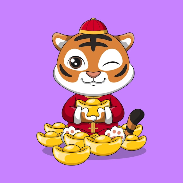 Vektor süße tiger halten gold yuan bao cartoon vektor icon illustration chinesisches neujahr symbol konzept