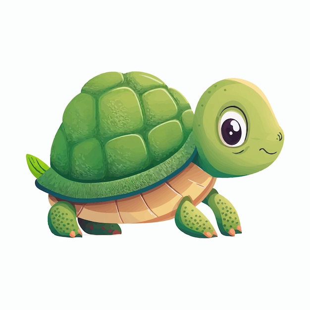 Süße und lustige grüne schildkröte mit schale isoliert auf hintergrund cartoon flat vector illustration