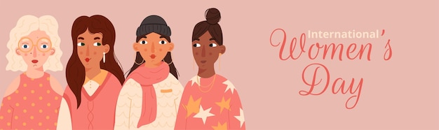 Süße, vielfältige frauenporträts im modernen flachen stil happy international womens day banner gleichheit, vielfalt und schwesternschaftskonzept feminismus und frauenpower vektorillustration