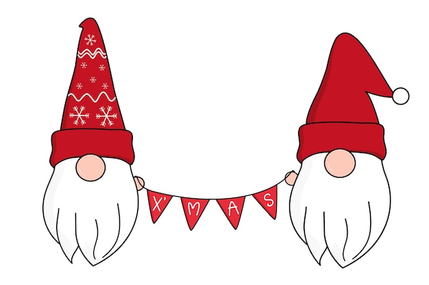 Süße zwei gnome in rotem weihnachtsmann-hut, die dreiecksflaggen zusammenhalten, feiern weihnachten und neujahr. vektor-illustration.