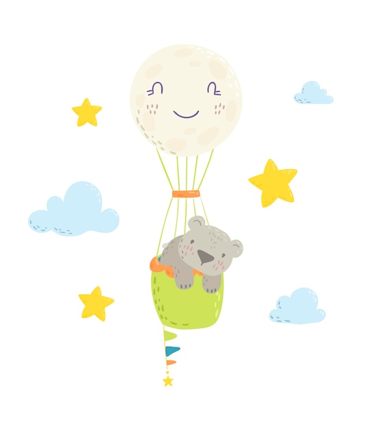Süßer bär fliegt in einem heißluftballon