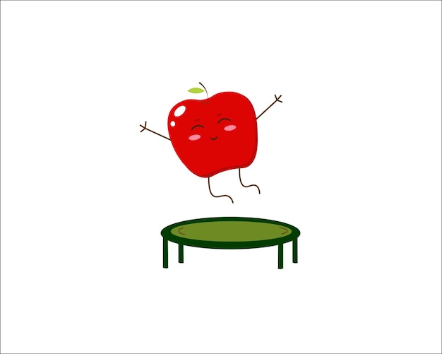 Vektor süßer cartoon-apfel, der auf dem trampolin springt