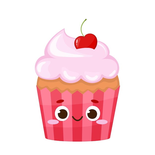 Süßer cartoon-cupcake mit lustigem gesicht süßes dessert essen emoji lächelnde muffing-vektorillustration