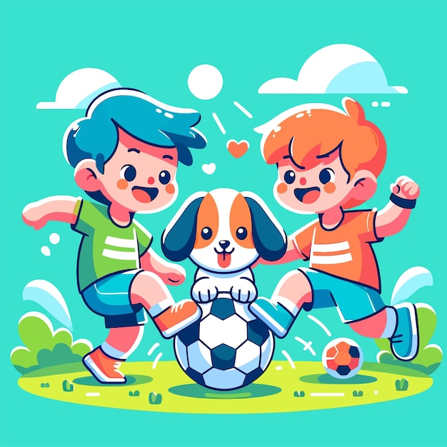 süßer Cartoon von Kindern, die mit einem Haustierhund Fußball spielen