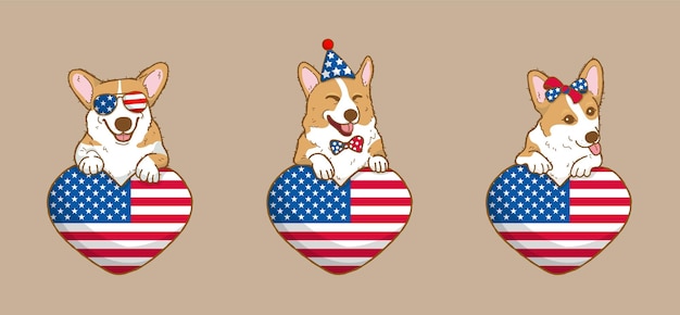 Süßer Corgi-Hund mit USA-Flagge Hitze Amerikanischer Unabhängigkeitstag 4. Juli und Gedenktag Vektor