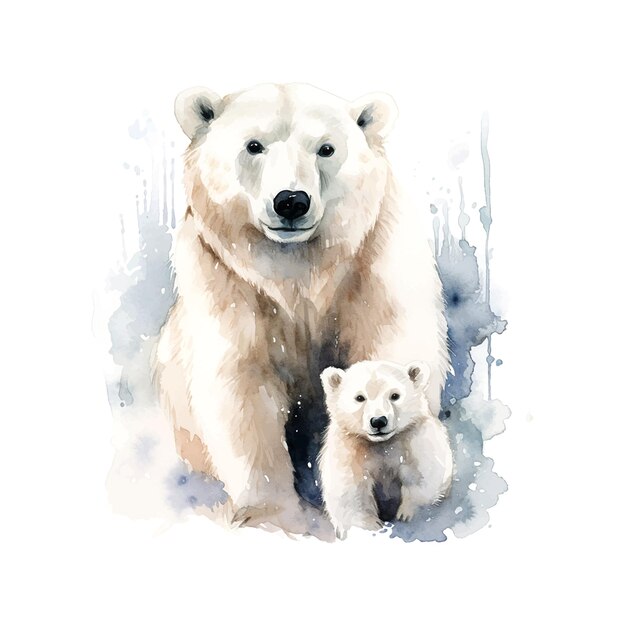 Süßer eisbär mit mutter aquarell kinderbuch-illustrationsstil auf weißem hintergrund