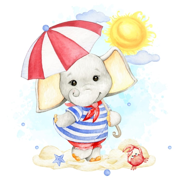 Süßer elefantenbaby mit einem regenschirm auf dem hintergrund der sonne und der wolken aquarell-cliparts