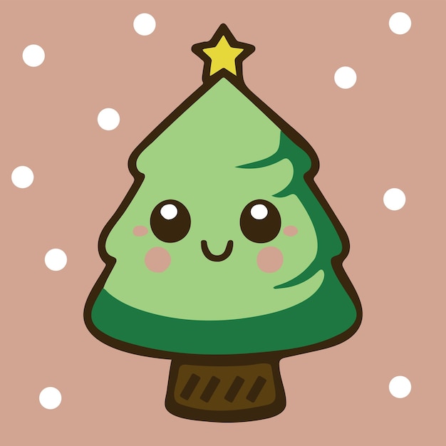 Süßer entzückender kawaii weihnachtsbaum fröhliches cartoon-urlaubsvektorsymbol
