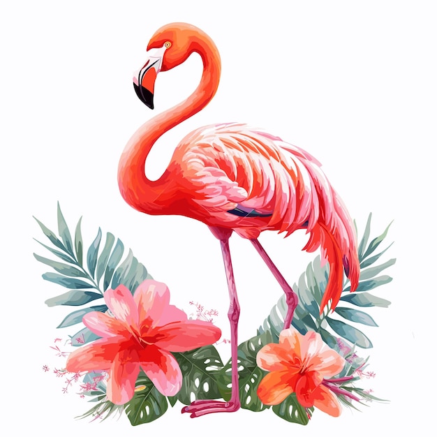 Vektor süßer flamingo-vogel zeichentrickfigur im aquarell-stil