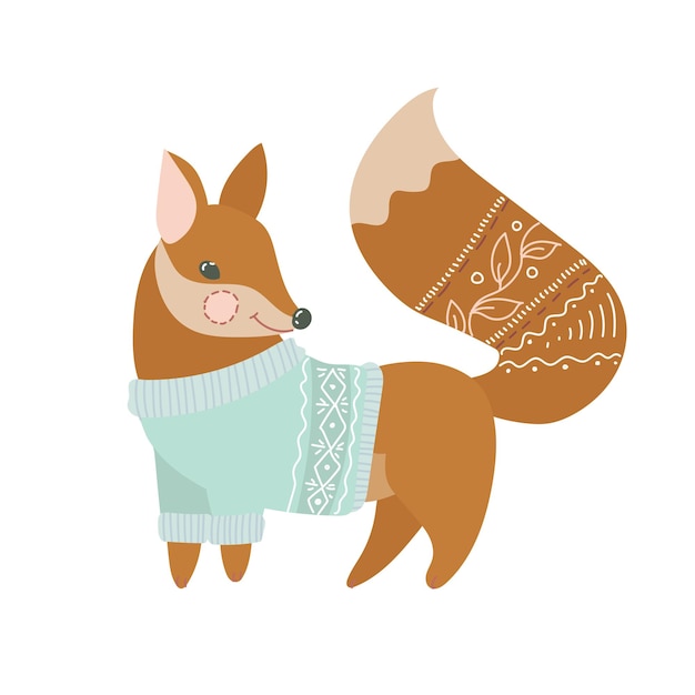 Süßer fuchs in einem pullover im boho-stil. einfache dekoration für ein festliches weihnachten und silvester. vektorillustration lokalisiert auf weißem hintergrund.