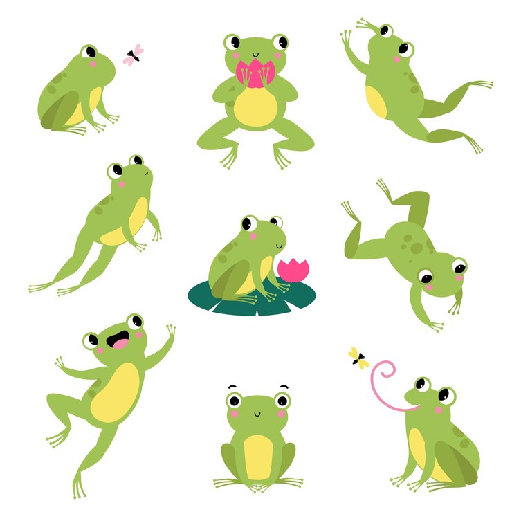 Vektor süßer grüner frosch springt, sitzt auf einem blatt und fängt fliegen.
