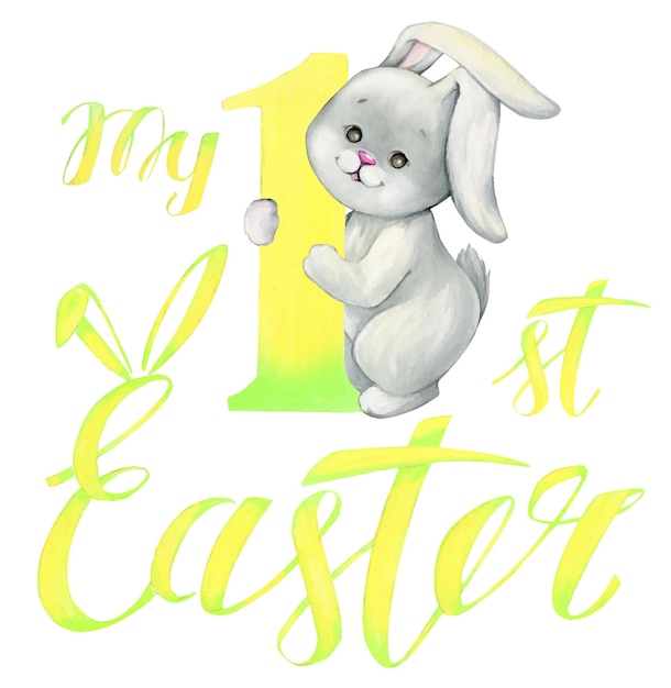 Süßer hasentext in gelber aquarell-clipart zum thema mein erstes ostern