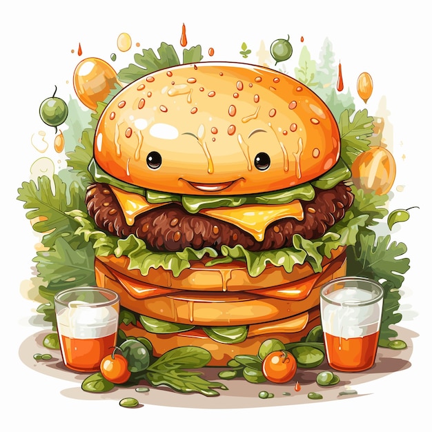 Vektor süßer illustrator von double patty burger im lächelnden kawaii-anime-stil