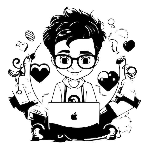 Süßer junge in brille mit laptop und büchern vektorillustration