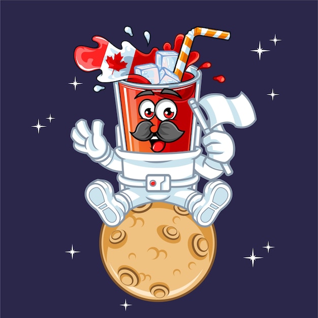 Süßer kanada-getränk-flaggen-astronaut, der auf planeten-vektor-maskottchen-illustration sitzt